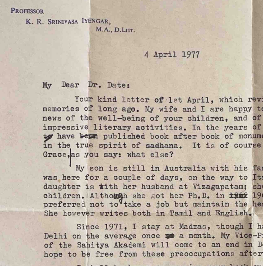 Letter by K. R. Srinivasa